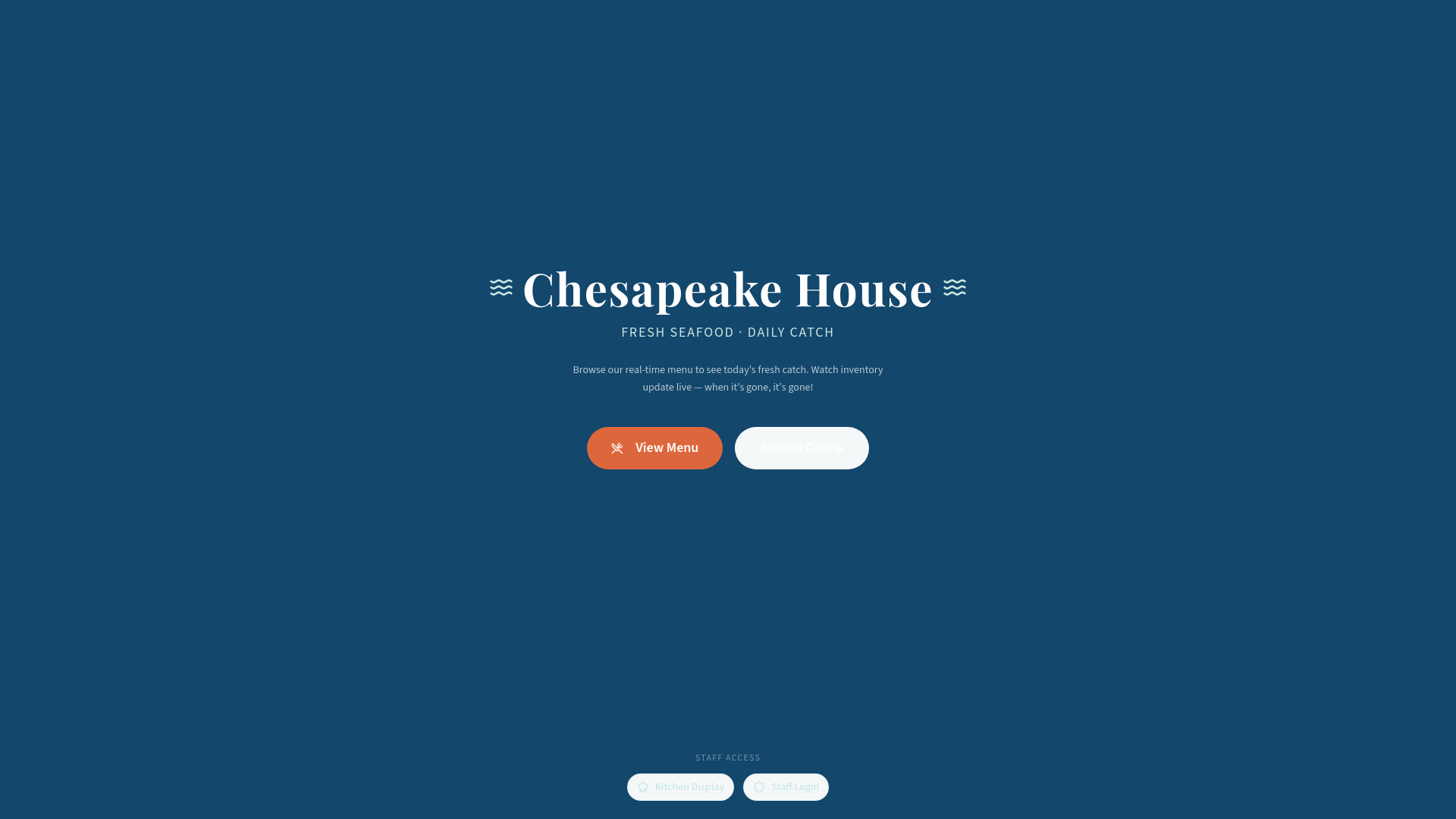 Chesapeake House interface showing a guest-facing seafood menu landing page
