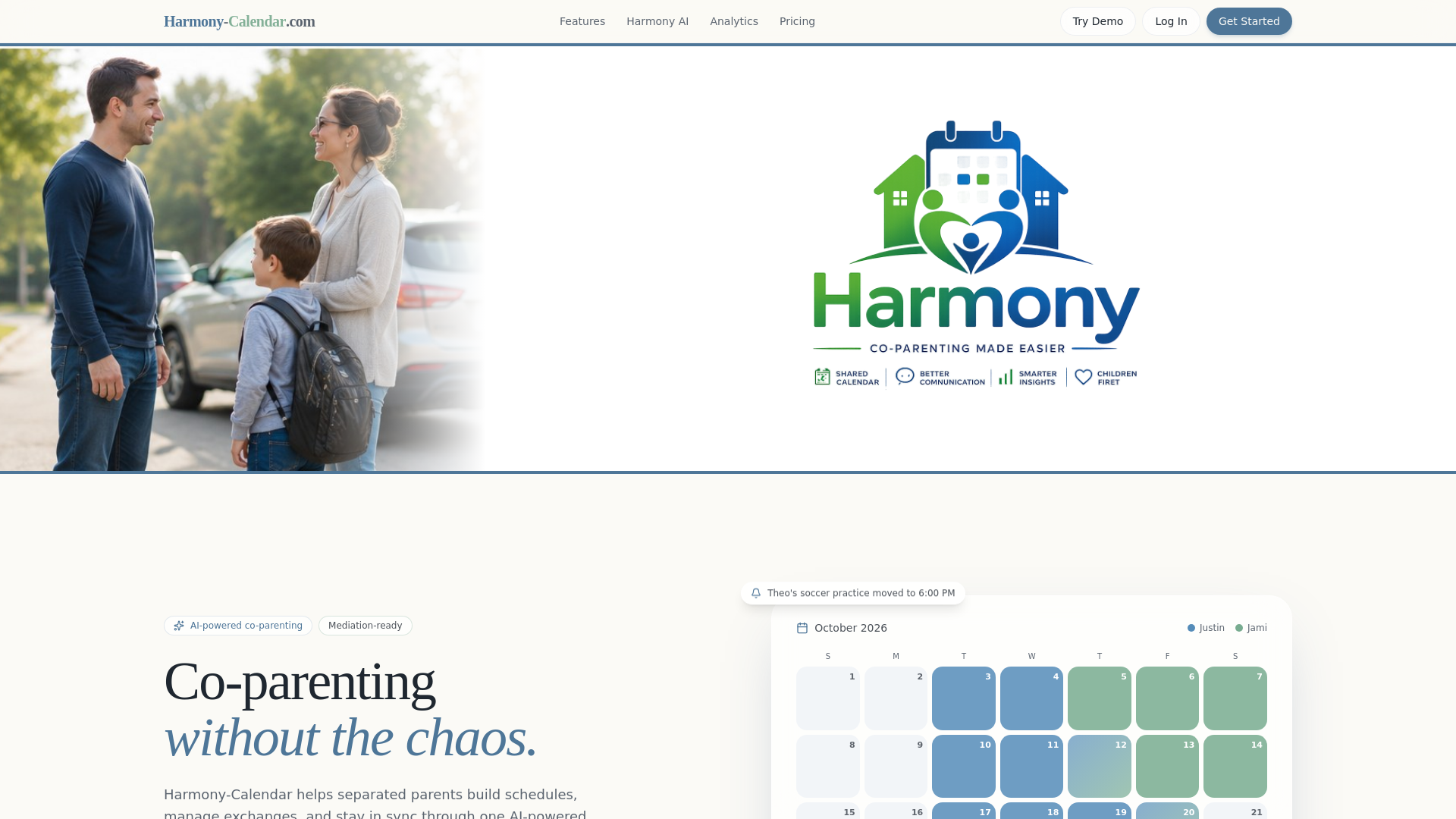 Harmony Calendar interface showing a shared scheduling calendar